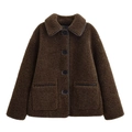 Women's French style oversized reversible dark brown plush faux shearling jacket with buttons - XS / Coffee