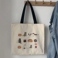 Minimalistische beige canvas shopper met zwarte hengsels en cartoon kattenillustraties - Enkelzijdige Kattenopdruk