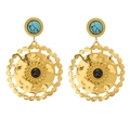 Vintage-Ohrringe im französischen Stil mit grünem Stein und rundem Gold-Hohlmuster - Gold mit Blaugrünen und Schwarzen Steinen (SE23121902B)
