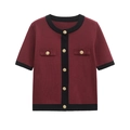 Elegante cárdigan de punto rojo vino con ribete negro y botones dorados decorativos - S / Rojo y Negro