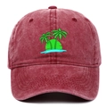 Detail of green palm tree embroidery on washed red vintage cotton baseball cap - Burgundy