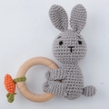 Handmade crochet bunny baby rattle with grey cotton bunny and natural wooden ring - Hug Grey Rabbit