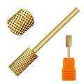 Macro view of gold carbide nail drill bit with cross-grid texture and orange base - Gold Nail Drill Bit 08