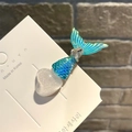 Mermaid tail hair clip with blue gradient scales and a crystal heart on white card - Ice Heart Rhinestone Mermaid Tail / White
