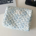 Close-up of blue floral quilted cosmetic bag with metal zipper and premium fabric texture - Blue Crabapple Flower Handbag