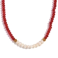 Retro stainless steel necklace featuring red faceted crystals and ten freshwater pearls - Transparent Red