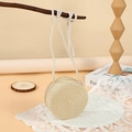 Mini round beige straw shoulder bag with spiral weaving and long braided strap - 12cm / Off White