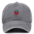 Dark grey washed cotton baseball cap with red embroidered strawberry on front panel - Adjustable / Gray