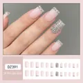 Pink French press-on nails with small rhinestones set of 24 pieces in various sizes - Glue Type / DZ391 Square Tip with Rhinestones