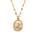 Detail of vintage gold necklace with white shell inlay and 3D rose flower pendant - Oval Rose Wave Frame Style (Style 2 Gold) / Gold