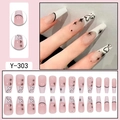 Pink and white French tip ballet nails with black heart and star patterns Model Y-303 - Glue Type / Nude Pink French Black Line Heart Star (Y-303)