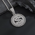 Close-up of iced out silver dollar sign pendant with Cuban link rim and rope chain - Pendant Only / Silver