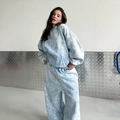 Acid wash light blue two-piece set featuring oversized sweatshirt and wide-leg joggers - S / Blue