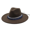 Close-up of brown wool felt fedora with ornate blue tasseled band and sequin trim details - M (56-58cm) / Brown