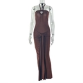 Detail of waist tie design on a brown halter neck slim fit backless maxi dress - S / Dark Brown
