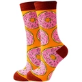 Orange mid-calf socks with pink donut patterns and dark red heel details - Size 35-42 / Orange Donut