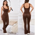 Slim fit chocolate brown seamless yoga jumpsuit with flared legs and ribbed texture - M (Height 160-170cm, Weight 55-65kg) / Top And Bottom / Flare Pants Style / Coffee