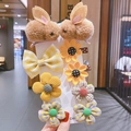 8-piece girls' cartoon hair clip set with plush bunny and checkered bow motifs - Coffee Double Rabbit Set