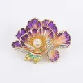 Elegant purple peony brooch with golden frame, gradient enamel petals and pearl center - Purple Peony