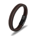 Men's braided black and brown leather bracelet with black stainless steel clasp on white - Black & Coffee Leather/Black Clasp