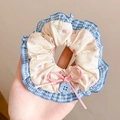 Cute strawberry hair tie in beige with blue plaid edge and pink bow accent - 2# Blueberry Jam (Beige/Blue)