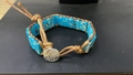Handmade turquoise imperial stone bracelet with woven brown leather cord and silver button - Tree of Life Buckle (32 Pcs) / Blue