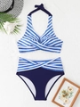 Halter neck bikini set with blue stripe print and high waist bottom on beach flat lay - S / Blue and White Stripes