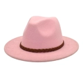 Detail of pink wool fedora hat featuring a brown braided decorative belt on the brim - M (56-58cm) / Pink