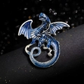 Blue enamel dragon brooch with silver metal edges on a premium black textured surface - Sapphire Blue