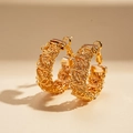 Close-up of gold 24k plated hoop earrings featuring intricate woven texture and geometric design - Gold (Real Gold Plated Silver Pin)