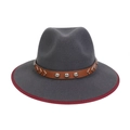 Dark gray felt cowboy hat with leather studded band and burgundy fabric brim binding - M (56-58cm) / Gray (87 Series V-shape Rivet Decor)