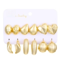 6-pair set of gold C-shaped geometric hoop earrings with textured heart and oval designs - 6 Pairs Gold Heart Teardrop Earrings Set / KC Gold (6133)
