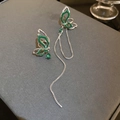 Elegant silver butterfly tassel ear clip with green enamel and teardrop rhinestones - Asymmetric Emerald Rhinestone Butterfly Tassel Ear Clip (Pair)