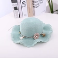 Light blue woven straw sun hat for girls with flower accents and scalloped edges - S (50-52cm) / Aqua Green-Hat