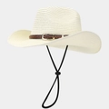Dettaglio della trama del cappello di paglia con cinturino in pelle e cordino antivento nero - Taglia unica / Avorio