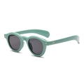Retro round sunglasses with mint green frame, dark grey lenses and metal rivet accents - Blue Frame Grey Lens