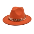 Detailed view of an orange wool fedora hat featuring a chunky gold chain decoration - M (56-58cm) / Orange