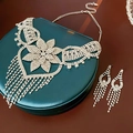Detailansicht der silbernen Kristallblumenkette mit Quastenohrringen auf grüner Box - Halskette Und Ohrringe 2-Teiliges Set (Silber)