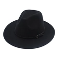 Close-up of black wool felt fedora hat featuring a slim leather band with a silver metal buckle - M(56-58cm) / Black