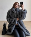 Detailed texture of grey faux fox fur coat with long sleeves and shawl collar - XS / Grey-Black-Tipped