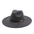 Detail of dark grey wool felt hat with black leather band and gold metal chain link decoration - M (56-58cm) / Dark Gray