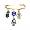 Gold Hamsa Hand and Evil Eye charm brooch pin with blue beads and crystals - Pin with Blue Eye Gold Hamsa and Large Rhinestone Hamsa
