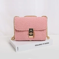 Pink fleece small crossbody bag with gold chain and square metal lock closure - Pink