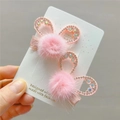 Pink faux mink fur bow hair clips with rhinestone rabbit ears set for girls - Pink Lace Semi-wrapped Clips (1 Pair)