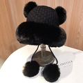 Winter plush trapper hat in black with cute antlers and fluffy faux fur pom-poms - Four Fur Balls Plush Hat / Black