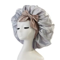 Silver satin sleep bonnet with a large pink bow, hair protection cap for long hair - Medium / Silver