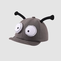 Close-up of baby sun hat featuring funny large cartoon eyes and 3D insect antennas - 48cm (6M-2Y) / Gray