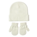 Detailed view of soft white knitted baby beanie hat and matching warm mittens set - White