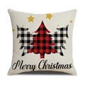 Beige linen Christmas pillow cover with red and black plaid tree and Merry Christmas text - Plaid Xmas Tree Gold Stars/22YM13-27