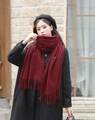 Thick burgundy cashmere-feel wool scarf for women with soft fringe detail - 200*70cm / Velvet-Touch Tassel Style / Burgundy